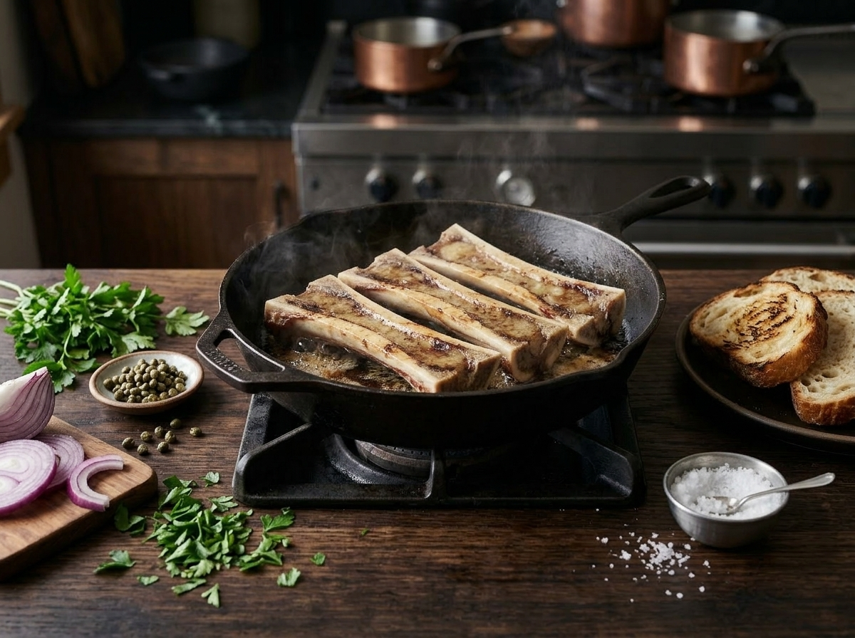 Canoe-cut beef bones in a cast iron skillet with bone marrow bubbling at the surface during high-heat roasting