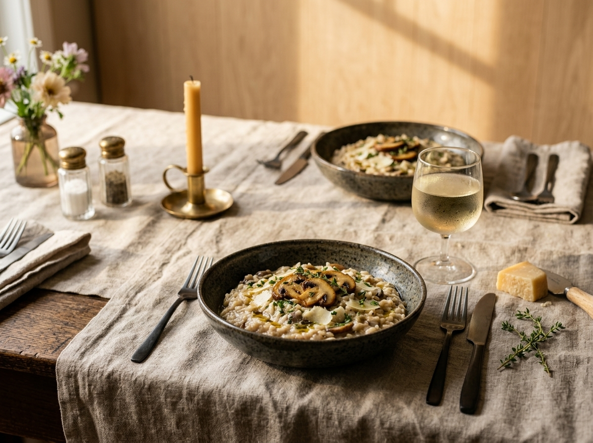 Two bowls of creamy wild mushroom truffle risotto on a linen table with a glass of white wine and a wedge of Parmesan