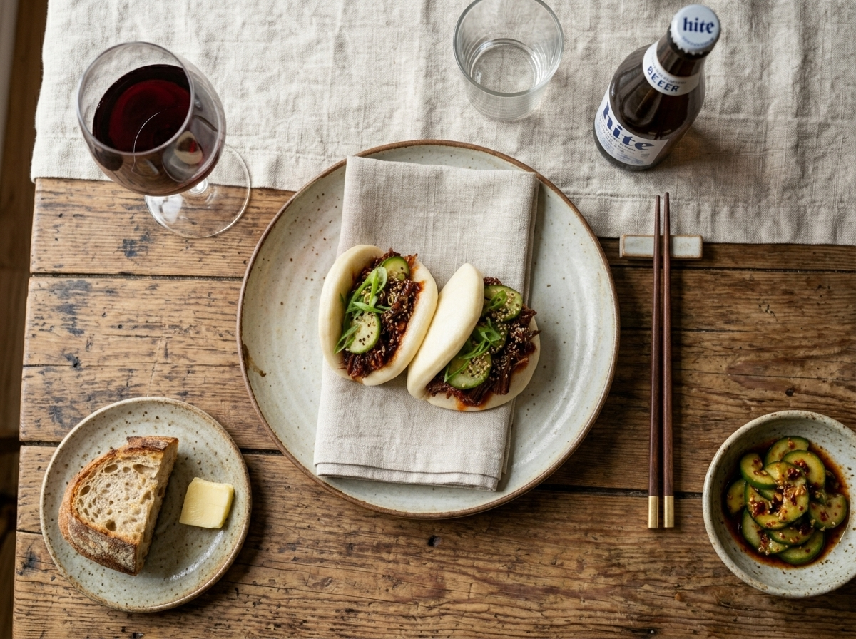 Two assembled short rib bao buns on linen with pickled cucumber and Korean beer in background