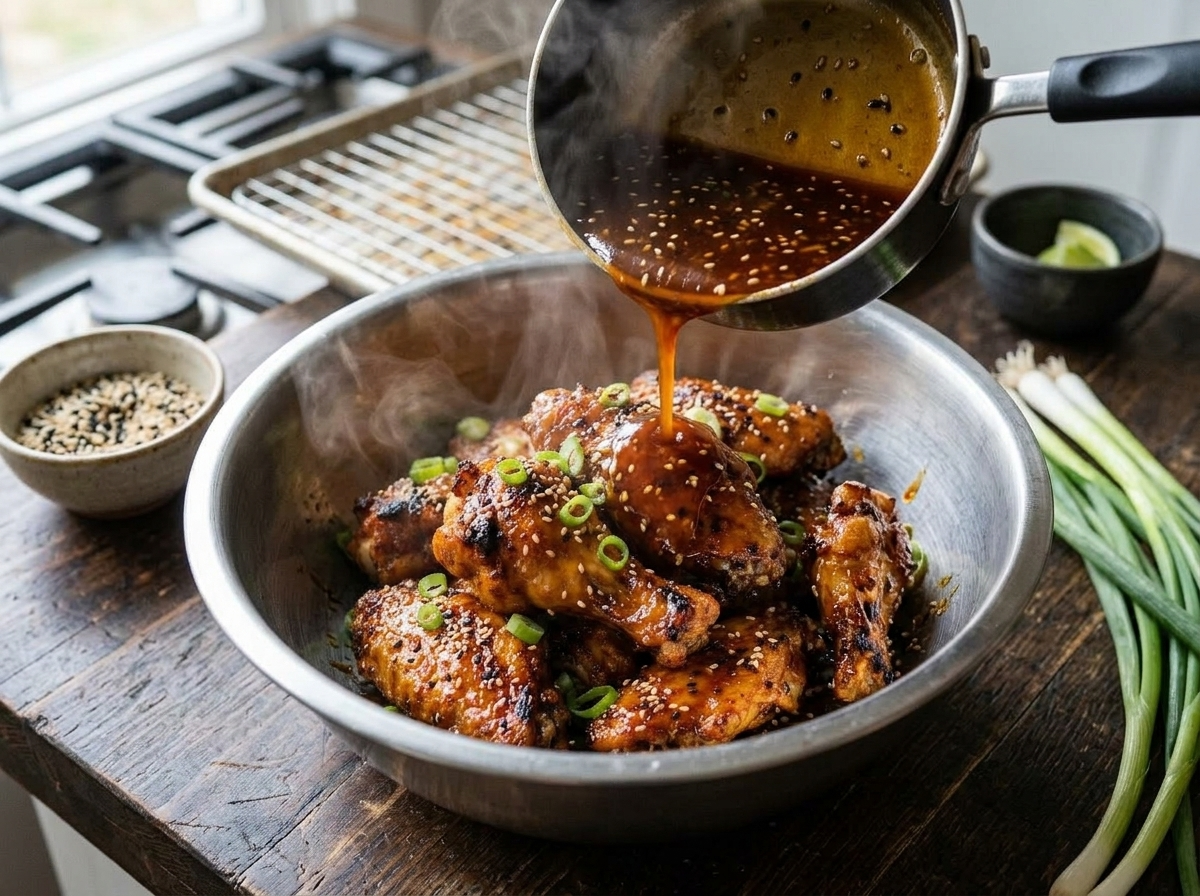 Glossy honey sriracha glaze being poured over crispy baked chicken wings in a mixing bowl