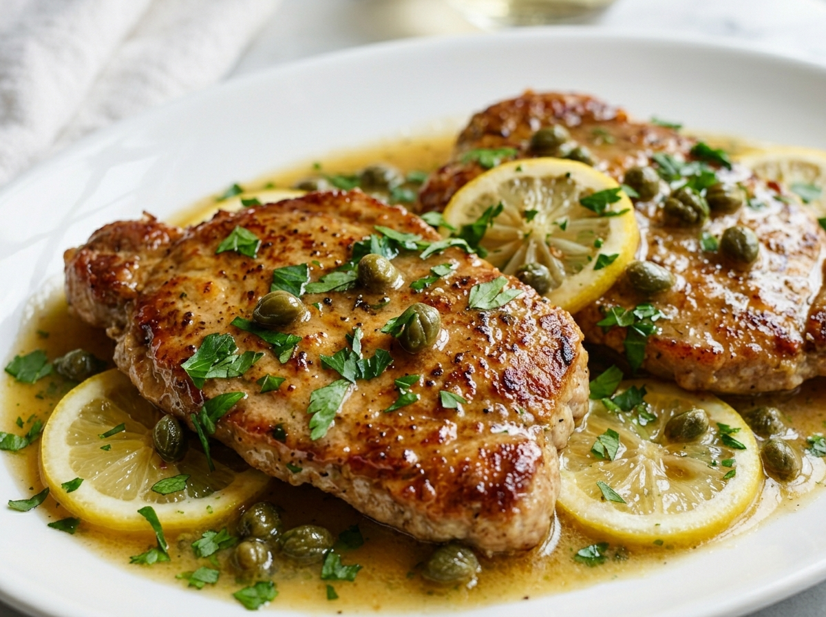 Two golden veal piccata cutlets on a white plate with glossy lemon-caper butter sauce and fresh parsley