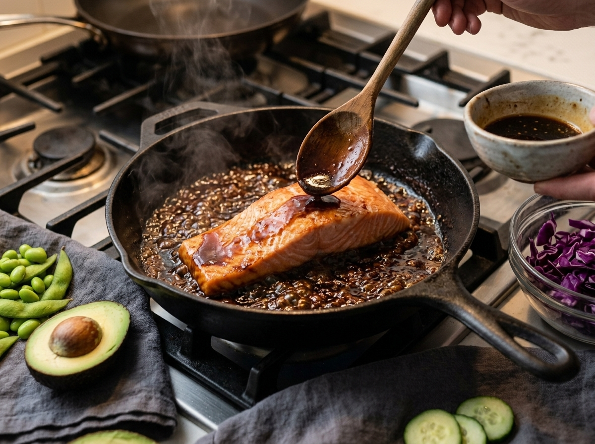 Salmon fillet searing skin-down in cast iron skillet with maple soy glaze bubbling around the edges.