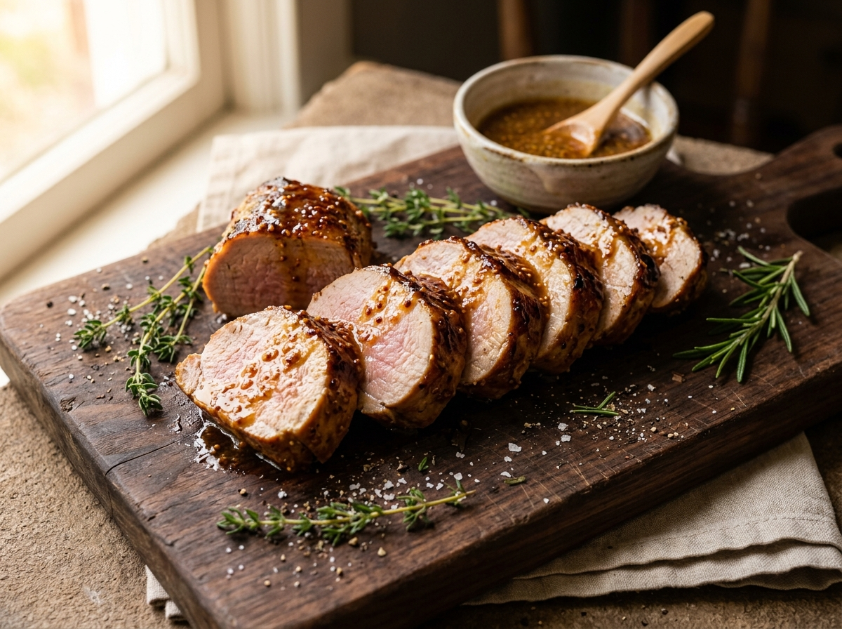 Sliced honey mustard glazed pork tenderloin on a wooden board with caramelized amber crust and fresh thyme