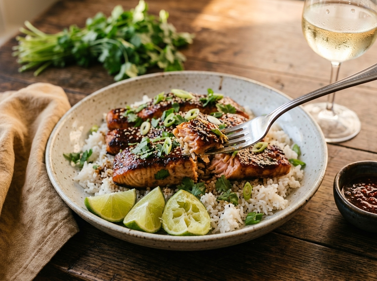 Plated tamarind glazed salmon over coconut rice on white ceramic with lime wedge and fresh cilantro