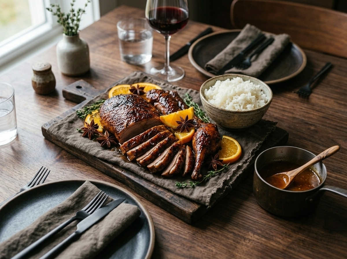 Carved orange-glazed roasted duck on a wooden board with jasmine rice, glaze saucepan, and a glass of red wine