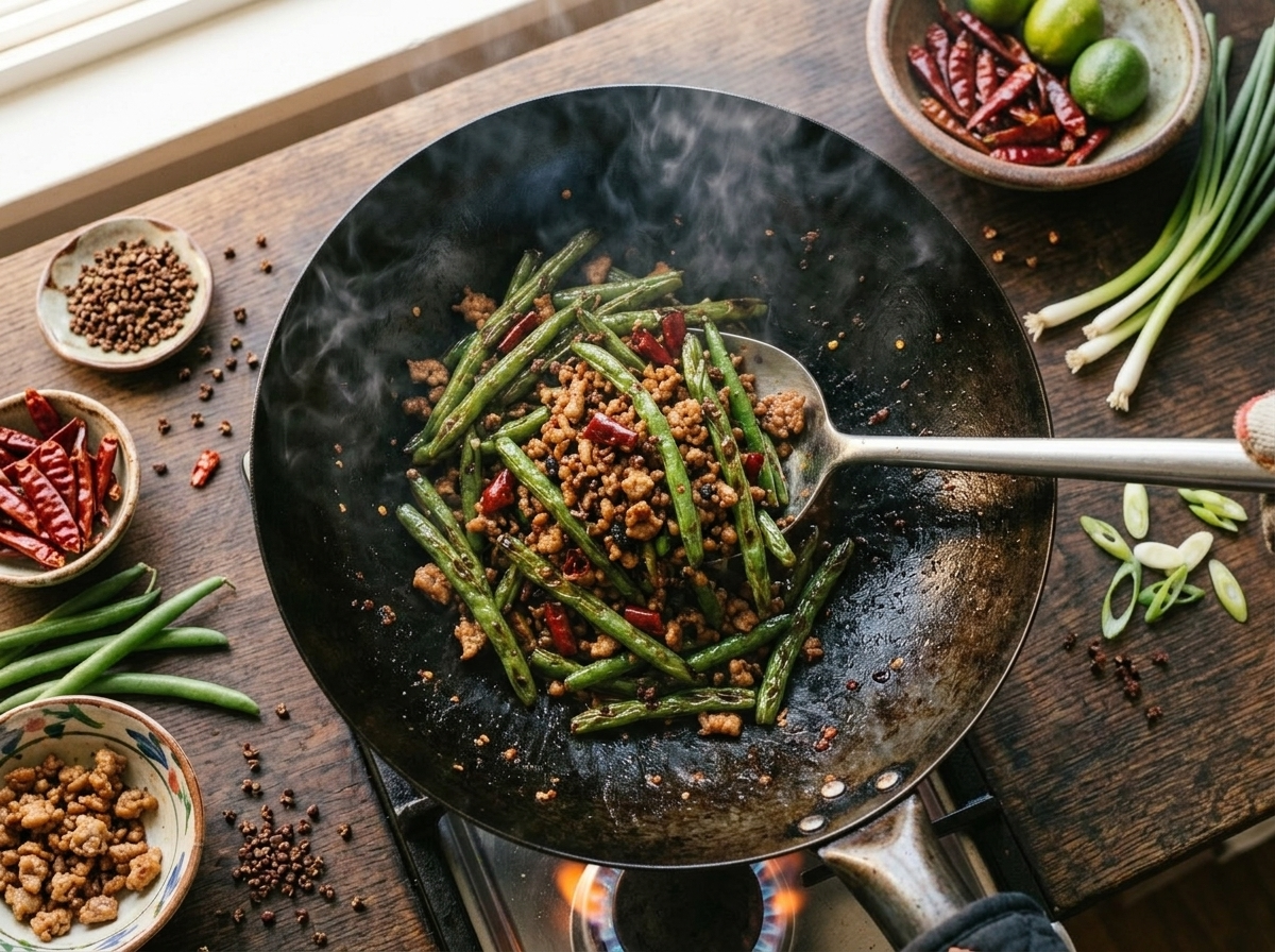 Wrinkled green beans tossing in a hot smoking carbon steel wok during the dry frying stage