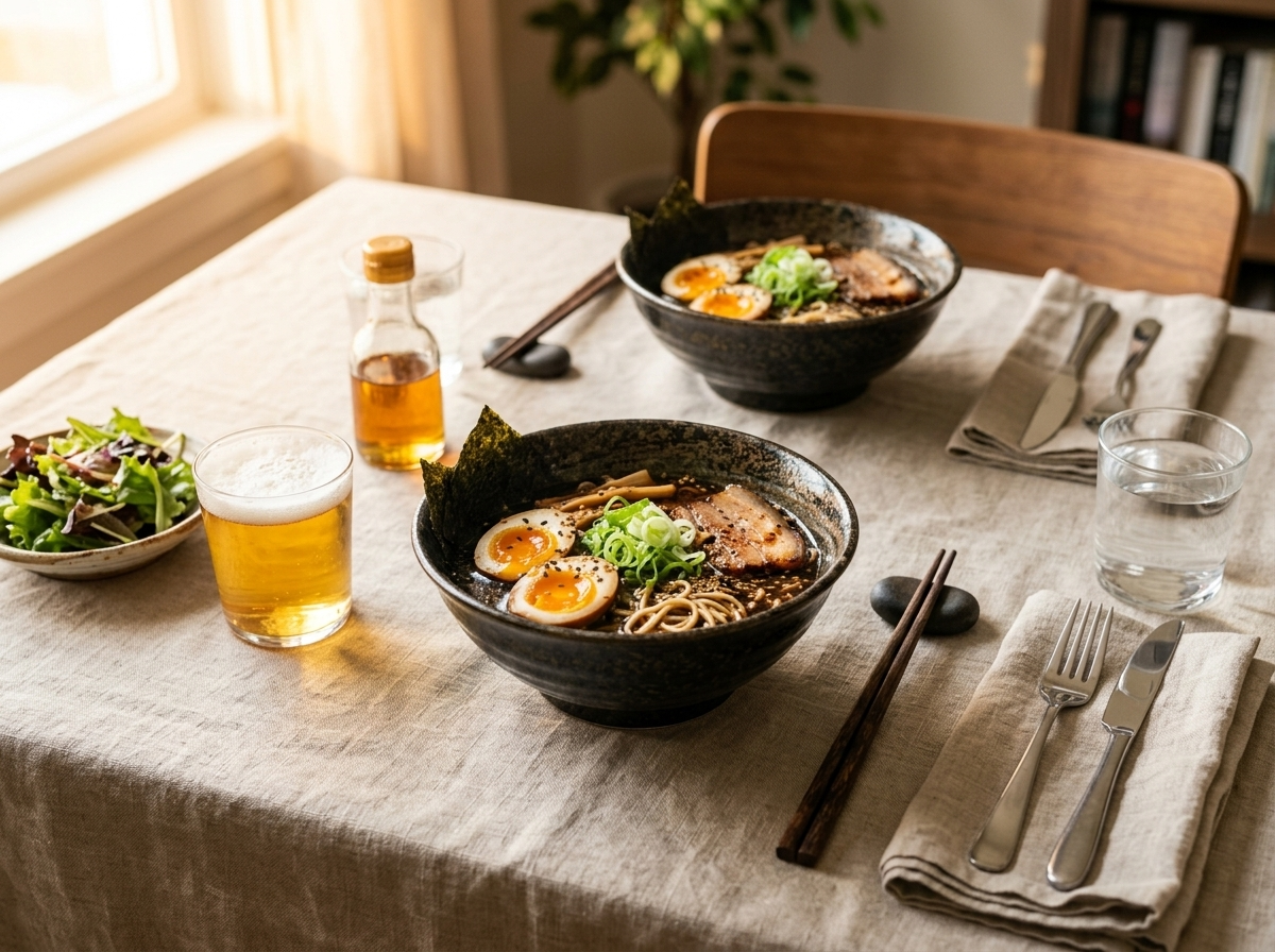 Two bowls of black garlic ramen with soft eggs and sesame seeds served on a linen table with sesame oil