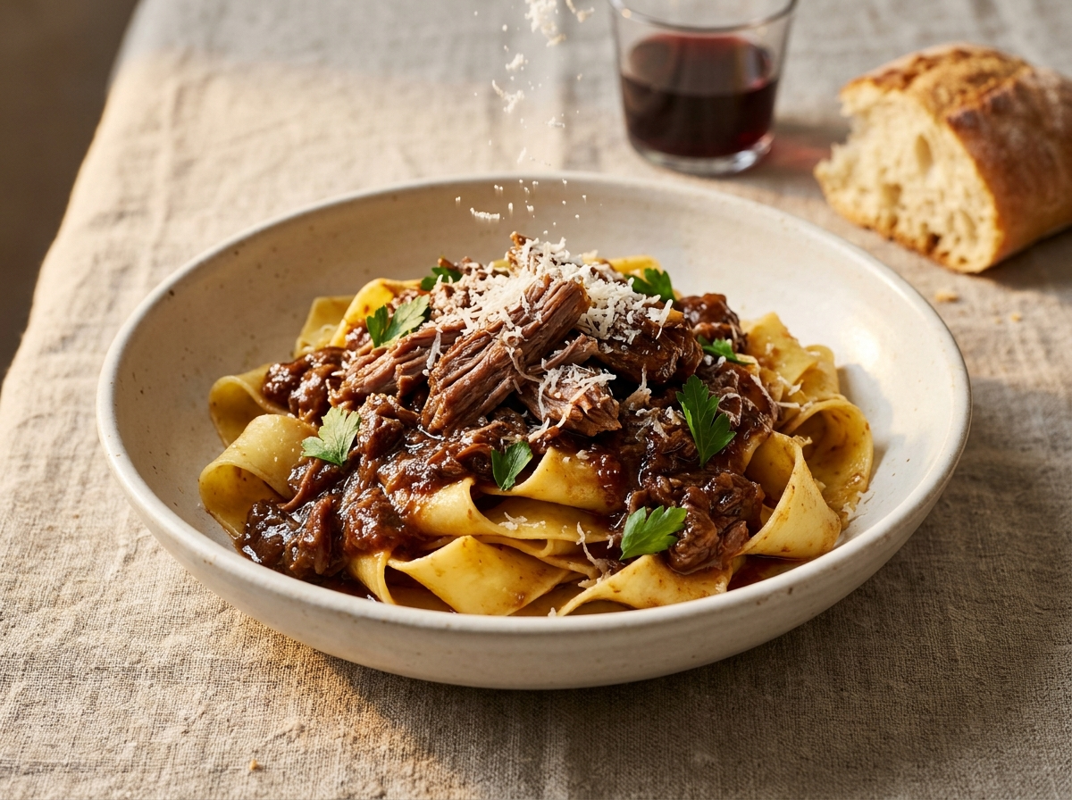 Bowl of slow roasted lamb ragu pappardelle with shredded meat, glossy tomato sauce, and grated Pecorino