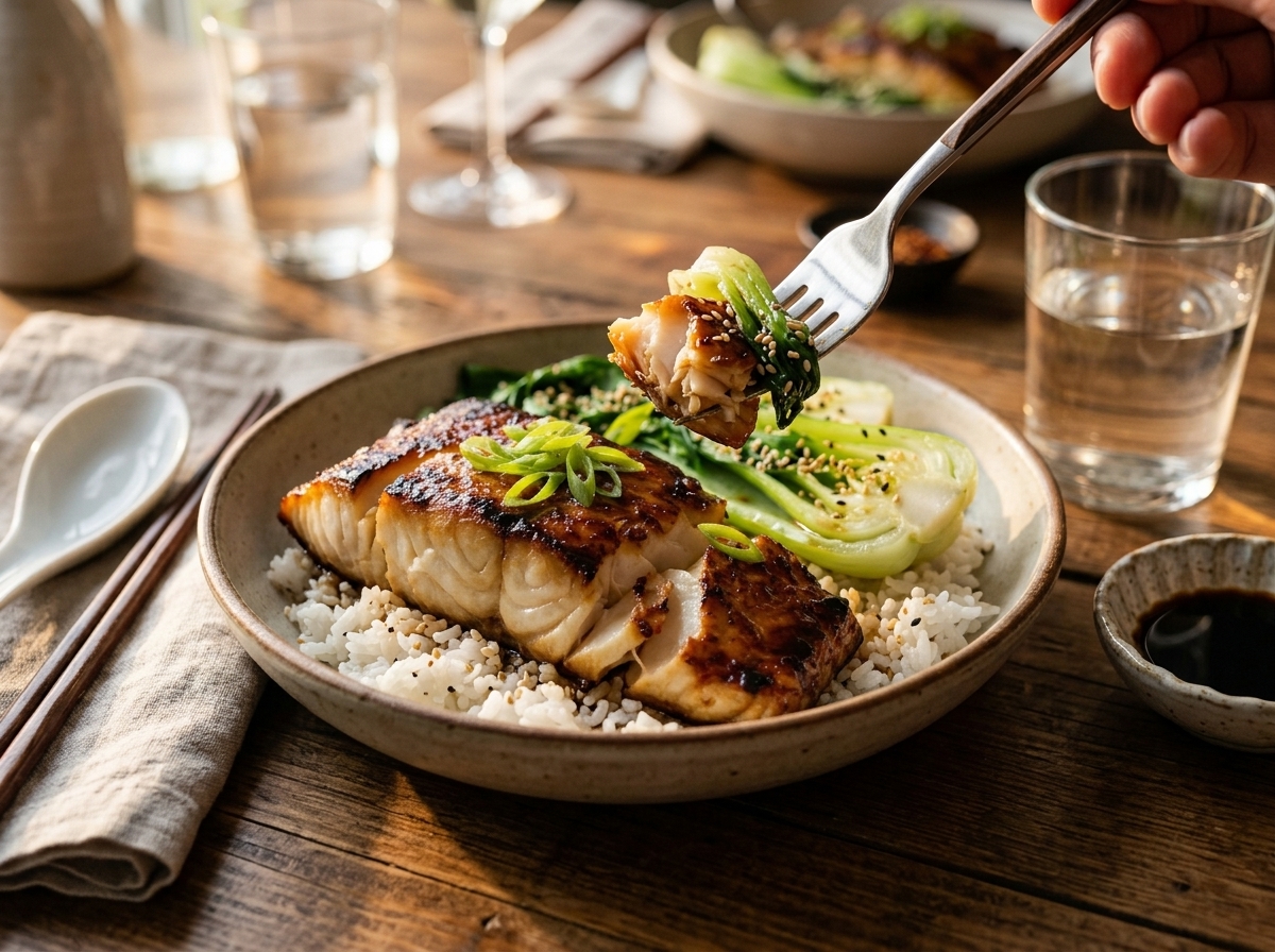 Bowl of miso glazed black cod with bok choy over steamed rice, chopsticks and sake glass on wooden table