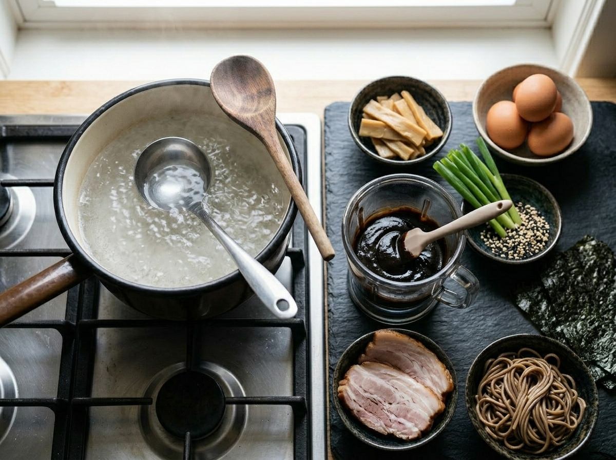 Black garlic tare paste in blender beside simmering dashi broth in saucepan on stovetop