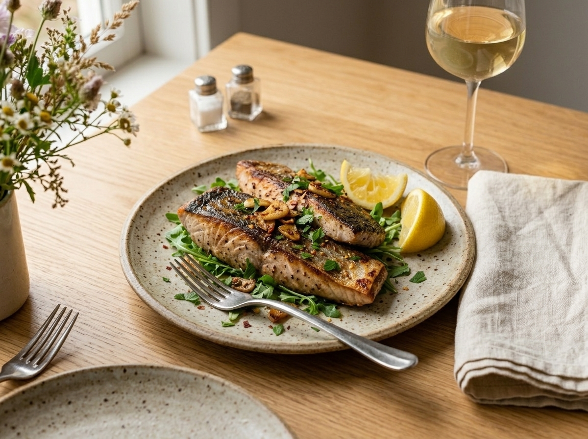 Pan-seared bonito fillet served over arugula on stoneware plate with lemon and white wine on wooden table