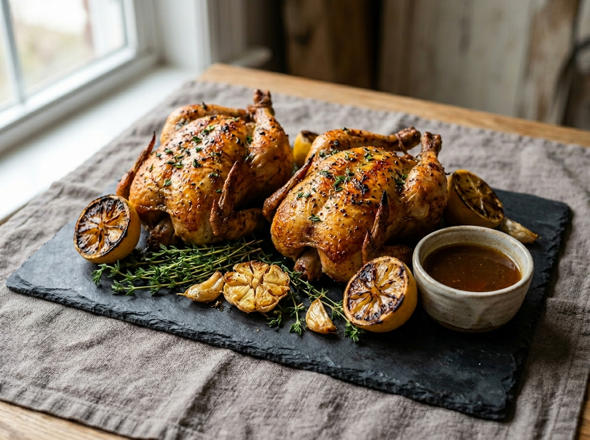 Two lemon thyme roasted Cornish hens on a slate board with charred lemon, thyme sprigs, and a small bowl of pan jus