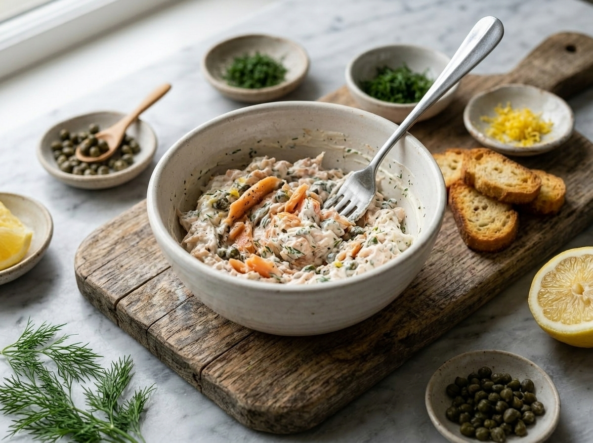 Folding flaked smoked trout with crème fraîche and capers in a mixing bowl using a fork