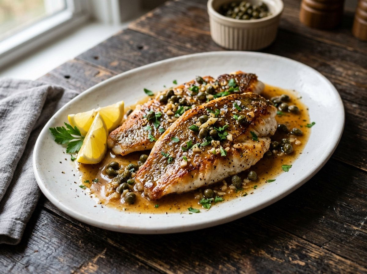 Two pan-seared triggerfish fillets with brown butter caper sauce on a white oval plate, garnished with fresh parsley and lemon wedges