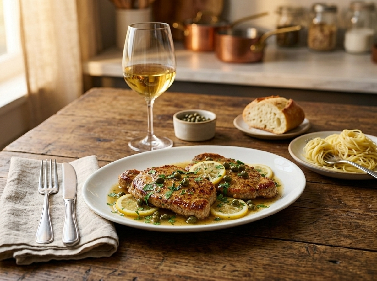 Plated lemon caper veal piccata with angel hair pasta on a rustic wooden table beside a glass of white wine