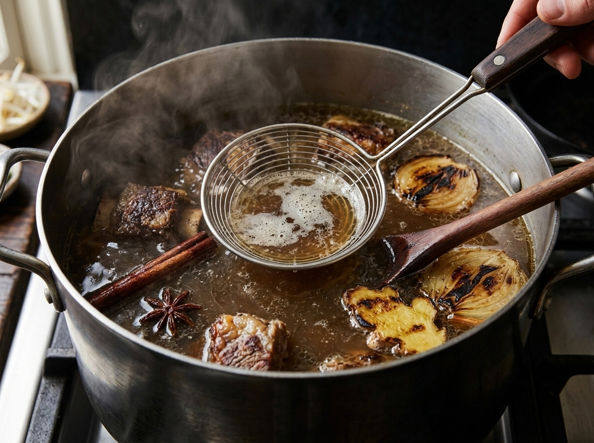 Pho broth simmering in a stockpot with charred ginger, onion, and star anise visible at the surface