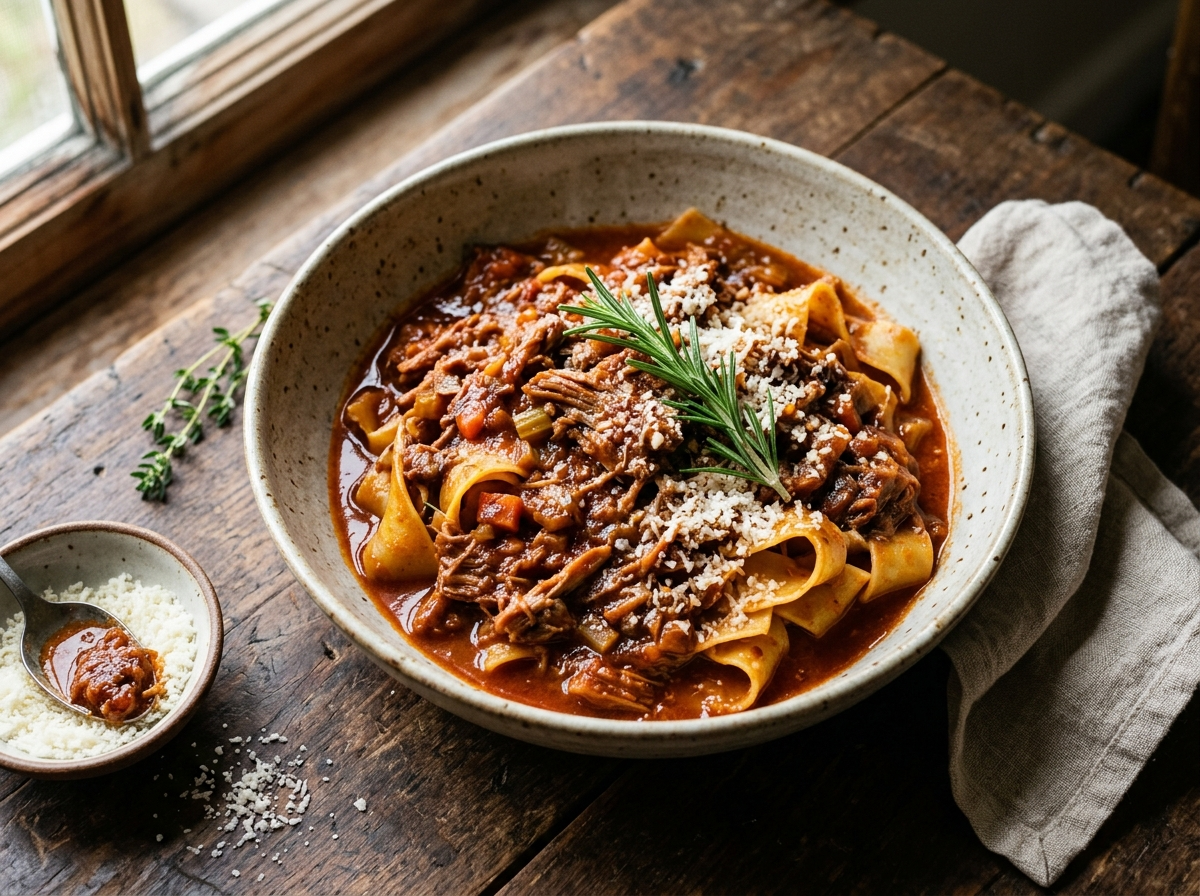 Bowl of slow roasted pork shoulder ragu over pappardelle with Pecorino and fresh rosemary on a wooden table