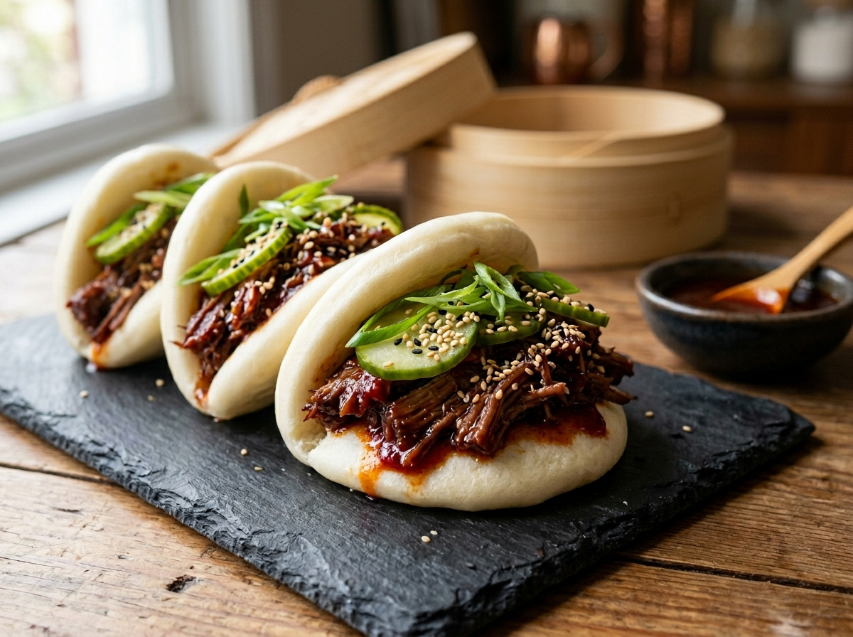 Gochujang braised short rib bao buns on slate board with pickled cucumber and scallion garnish