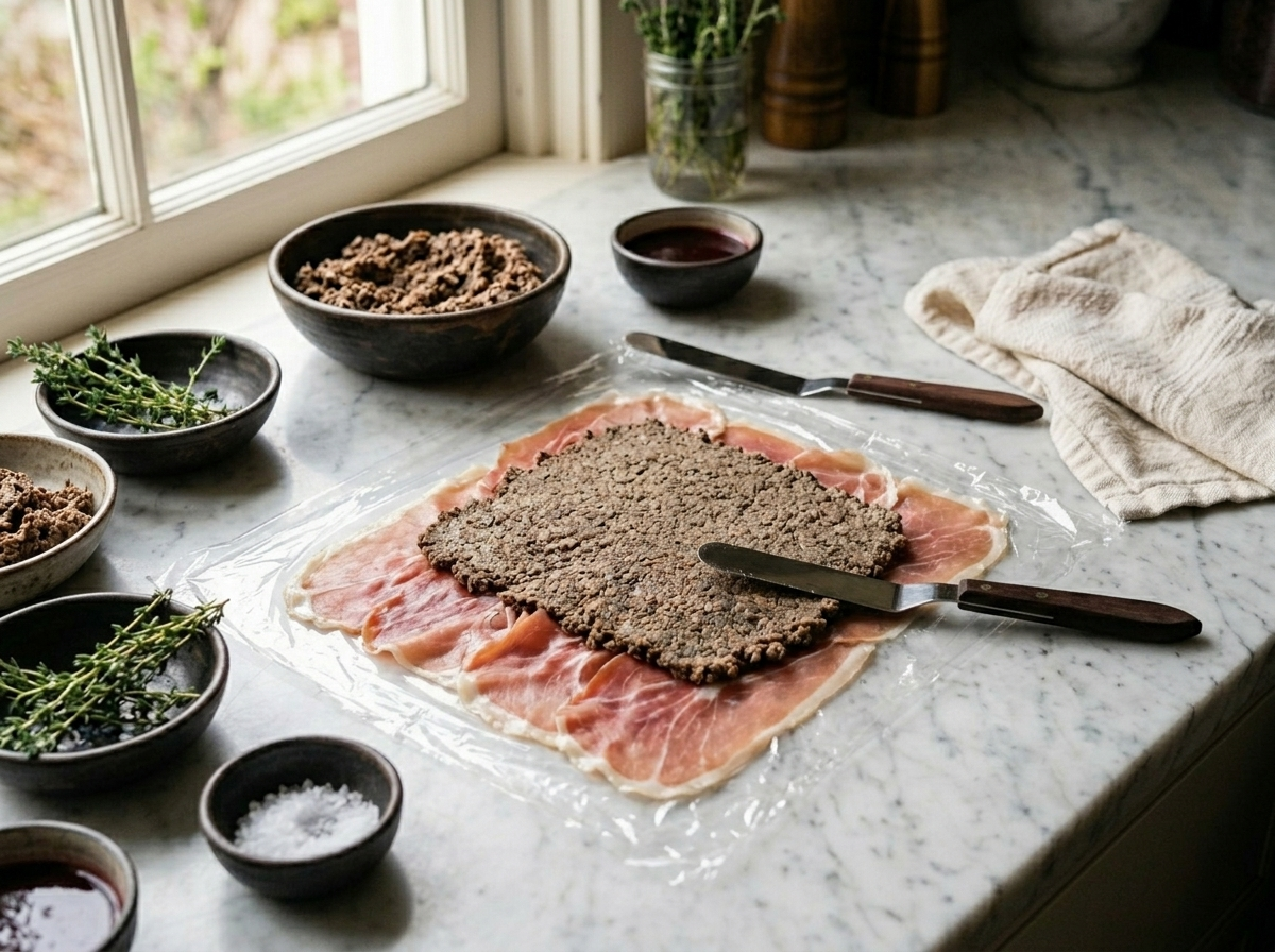 Mushroom duxelles spread evenly over overlapping prosciutto slices on plastic wrap ready to roll around the beef