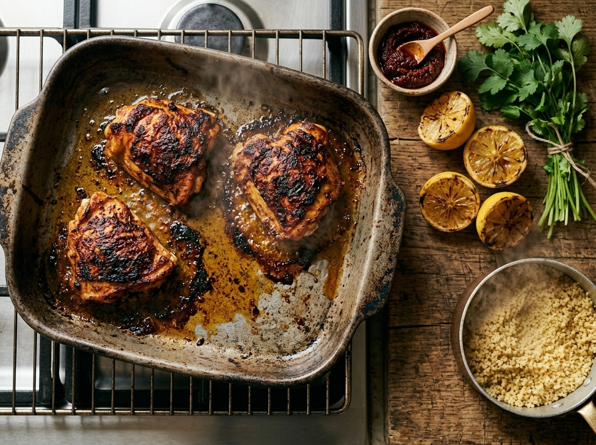 Harissa-coated bone-in chicken thighs roasting skin-side up on a rimmed sheet pan with caramelized edges