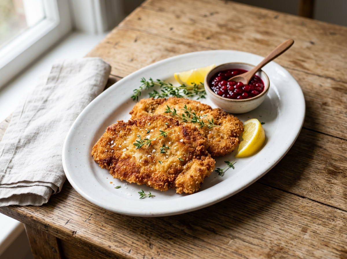 Two golden crispy pork schnitzels on a white platter with a small bowl of red lingonberry sauce and lemon wedges