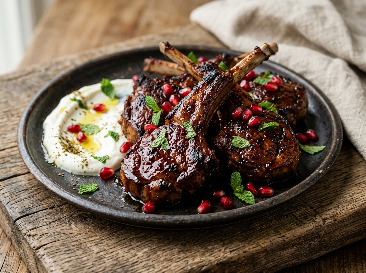 Four pomegranate glazed lamb chops on a dark platter with glossy reduction, pomegranate arils, and fresh mint