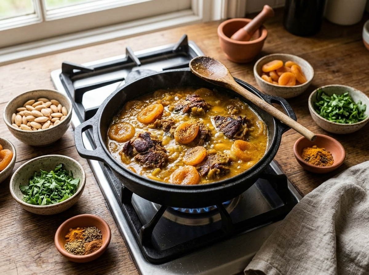 Lamb shoulder pieces simmering in spiced tomato and saffron apricot braising sauce in a Dutch oven