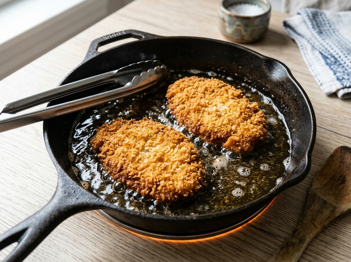 Two panko-coated chicken katsu cutlets frying in hot oil in a cast-iron skillet until golden brown