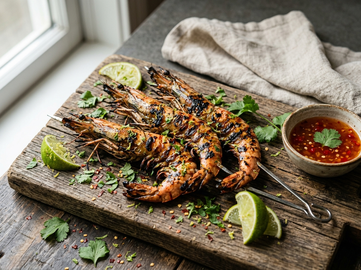 Coconut lime grilled prawns on skewers with char marks, fresh cilantro, and lime wedges on a wooden board