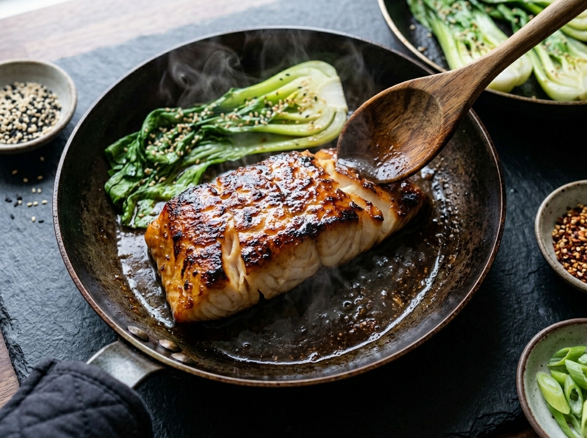 Broiled miso black cod fillets on wire rack showing deep golden caramelized miso glaze just out of the oven