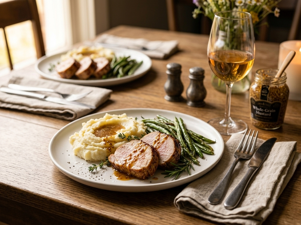Plated honey mustard pork tenderloin with mashed potatoes and green beans on a white ceramic plate