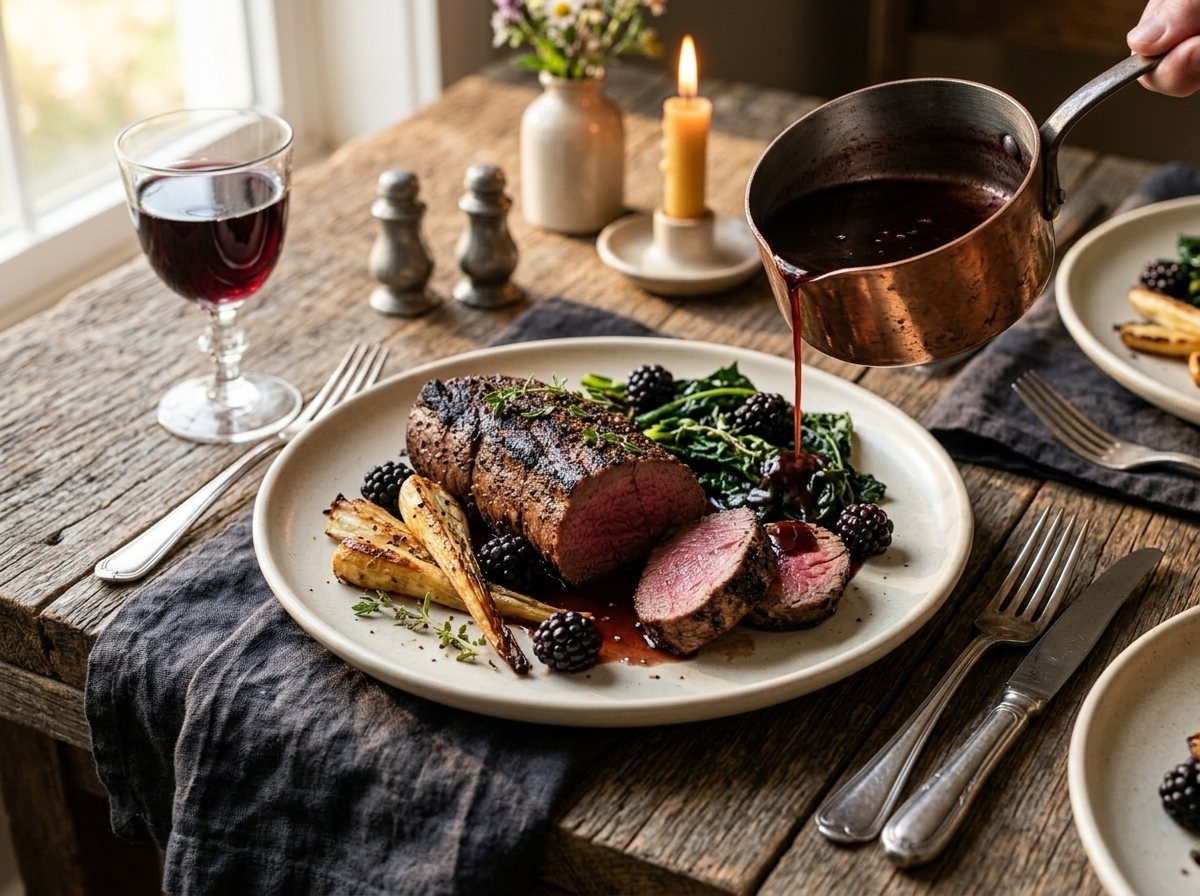 Pan seared venison steak plated with blackberry jus, roasted parsnips, and cavolo nero on a cream ceramic dish