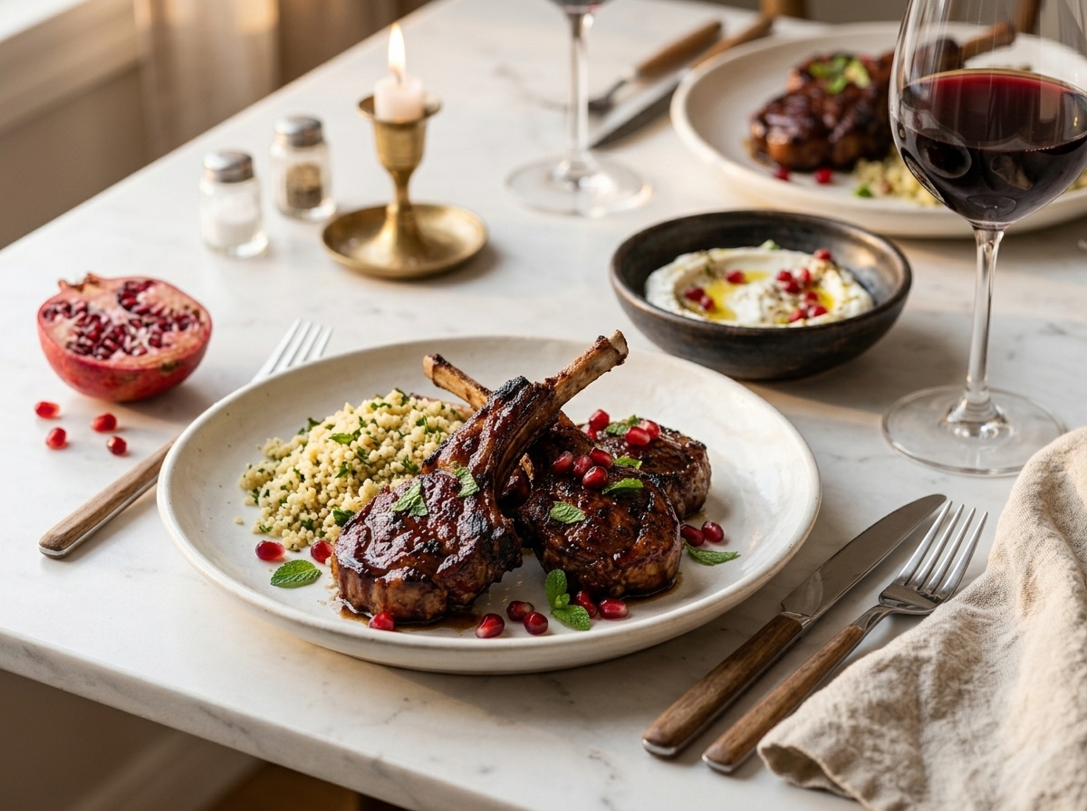 Plated pomegranate glazed lamb chops with herbed couscous, labneh, and a glass of red wine on marble