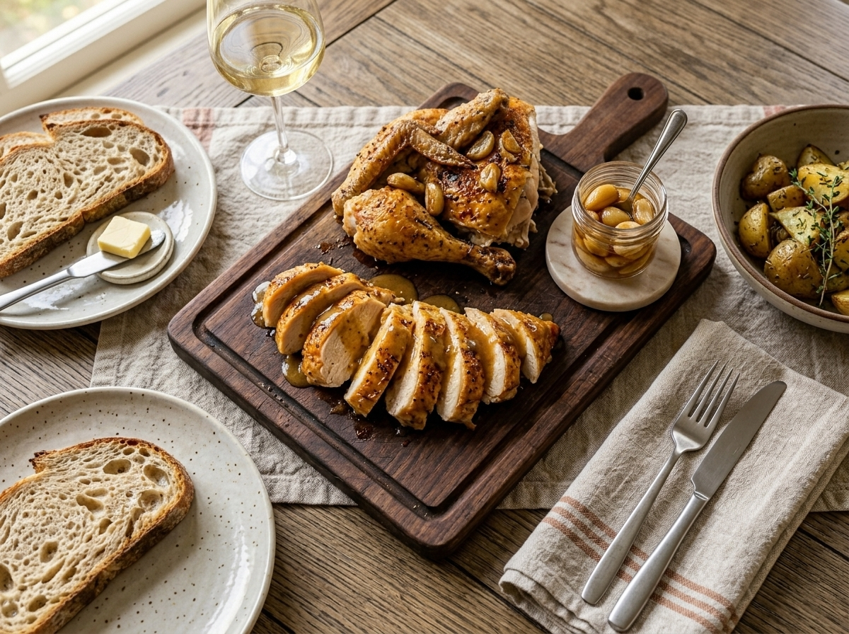 Carved garlic confit roasted chicken on a wooden board with pan sauce, crusty bread, and a glass of white wine