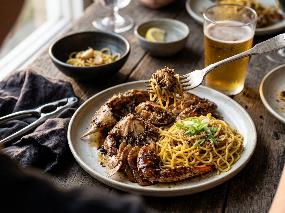 Two people sharing black pepper crab and garlic noodles at a wooden table with cold lager