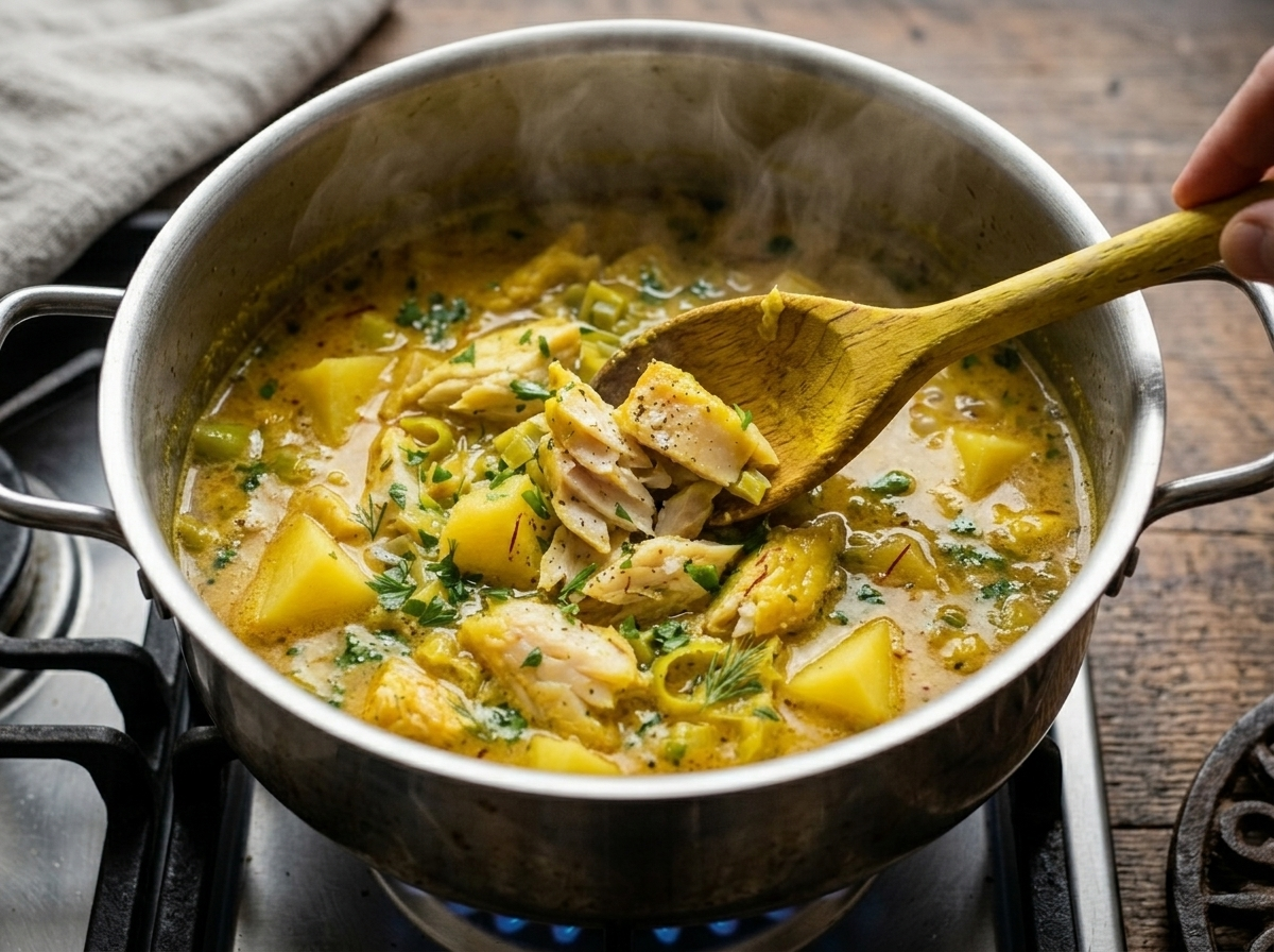 Smoked haddock fillets being poached in simmering saffron and leek broth in a wide saucepan