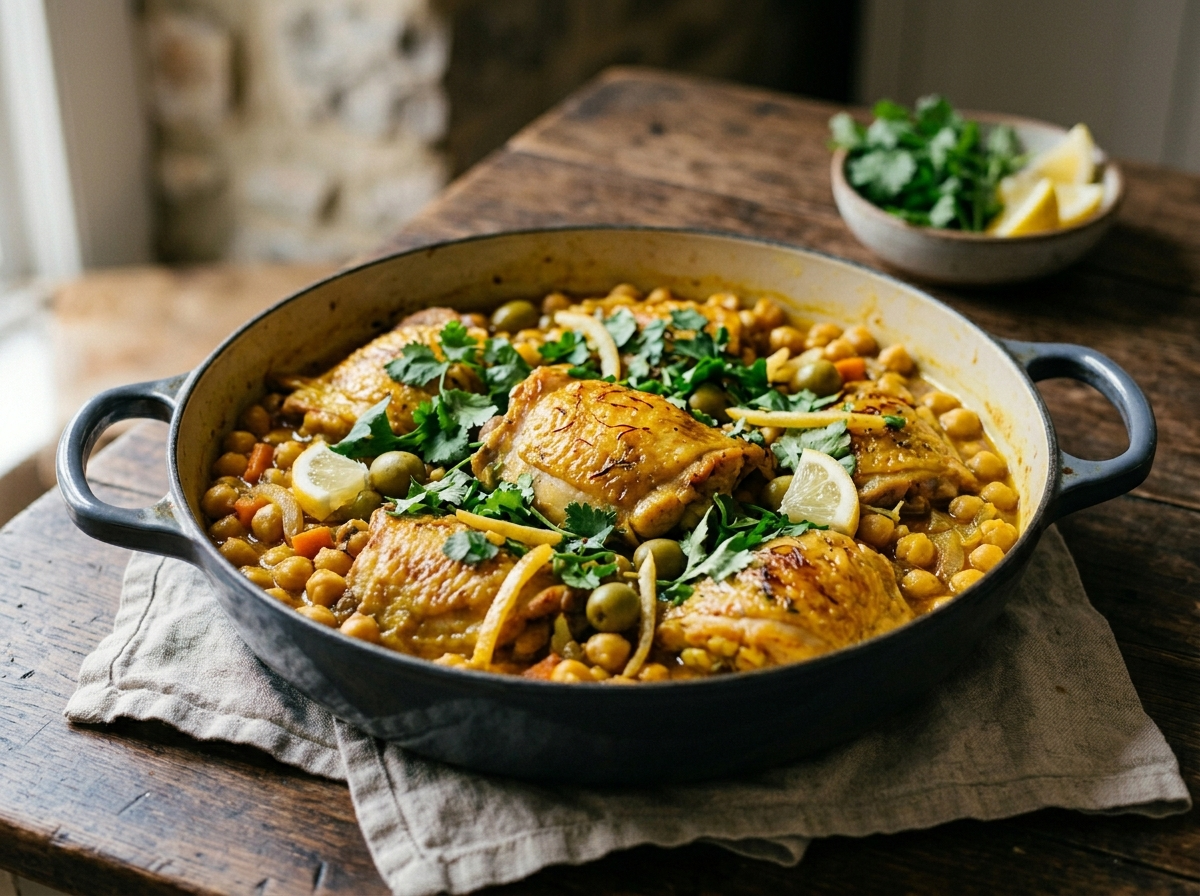Saffron chicken and chickpea tagine in a Dutch oven with preserved lemon and fresh herbs on a dark surface