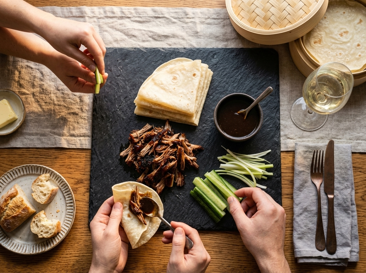 Two people assembling crispy duck pancakes at a wooden dining table with hoisin and cucumber on the side