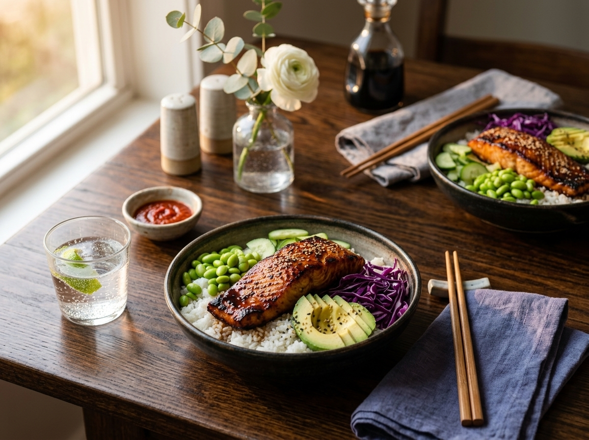 Two maple soy salmon bowls on a wooden table with chopsticks, sriracha, and a glass of sparkling water.