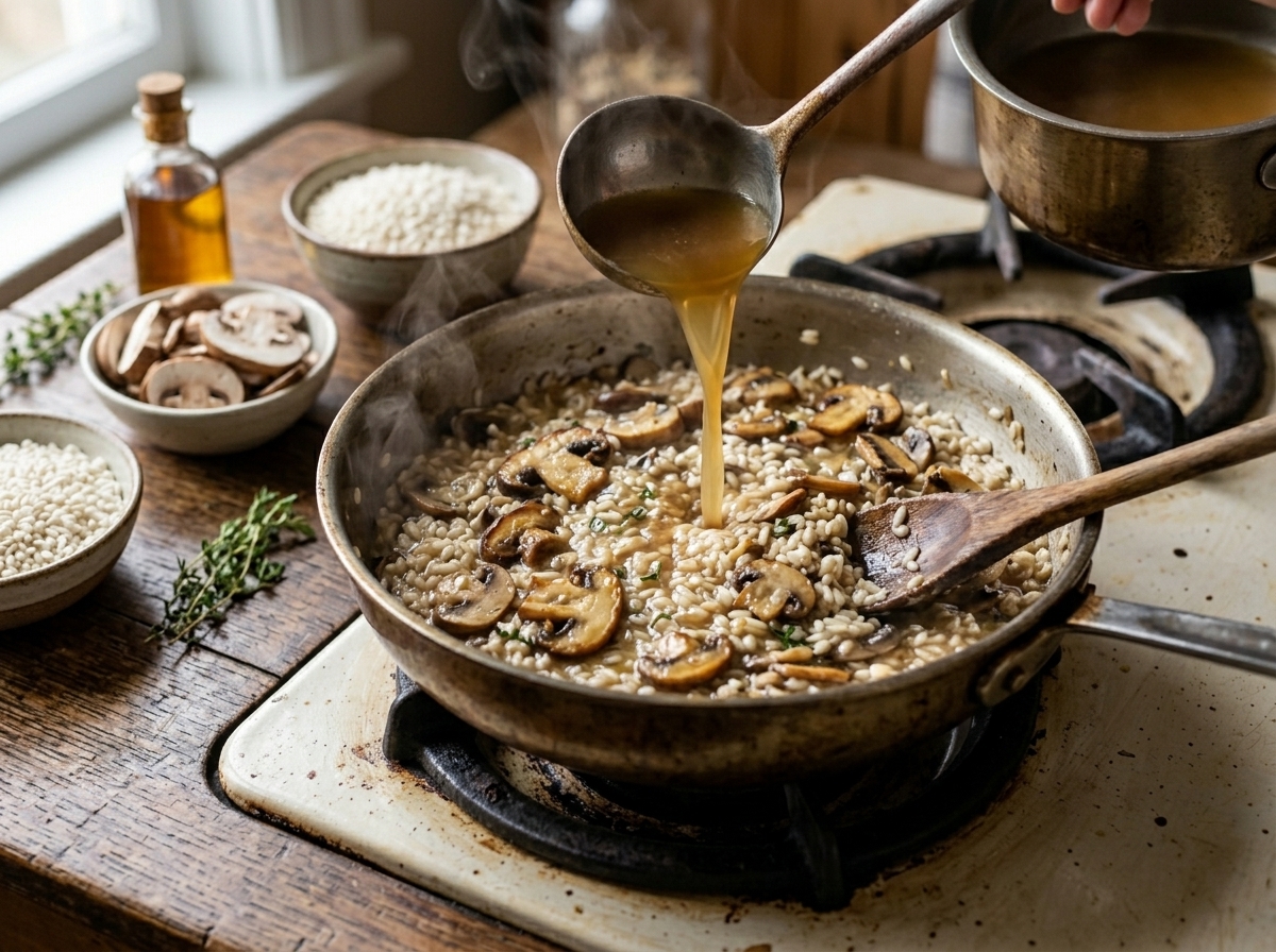 Ladle of warm stock being poured into a pan of Arborio rice with sautéed porcini and cremini mushrooms on the stovetop