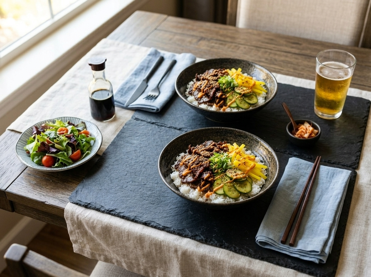 Two beef bulgogi rice bowls on a linen table with soy sauce, chopsticks, and a glass of lager