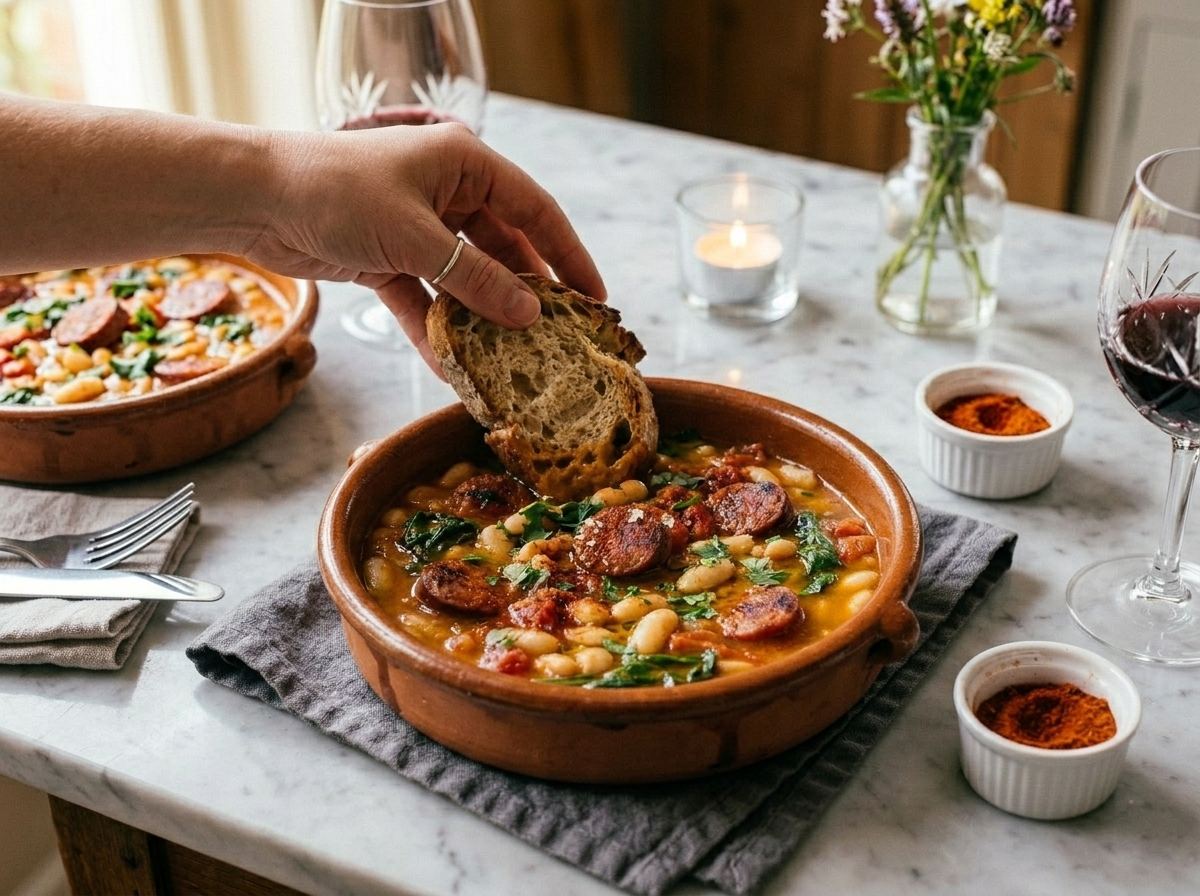 Hand dipping sourdough into a ceramic bowl of thick chorizo white bean stew beside a glass of red wine