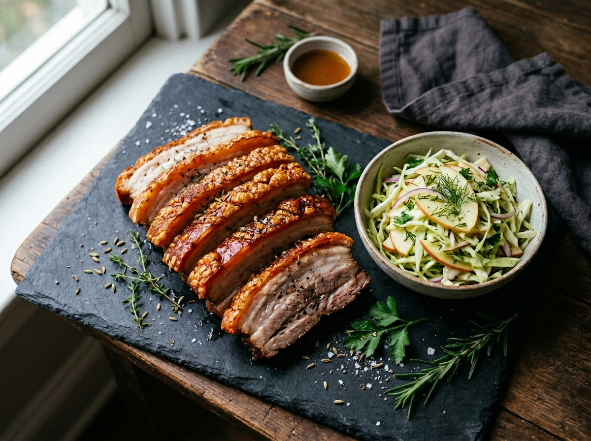 Sliced crispy pork belly with blistered crackling and apple cabbage slaw on a dark slate board