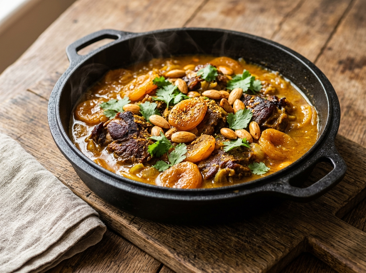 Lamb and apricot tagine in a cast iron pot with toasted almonds and fresh cilantro on a wooden board