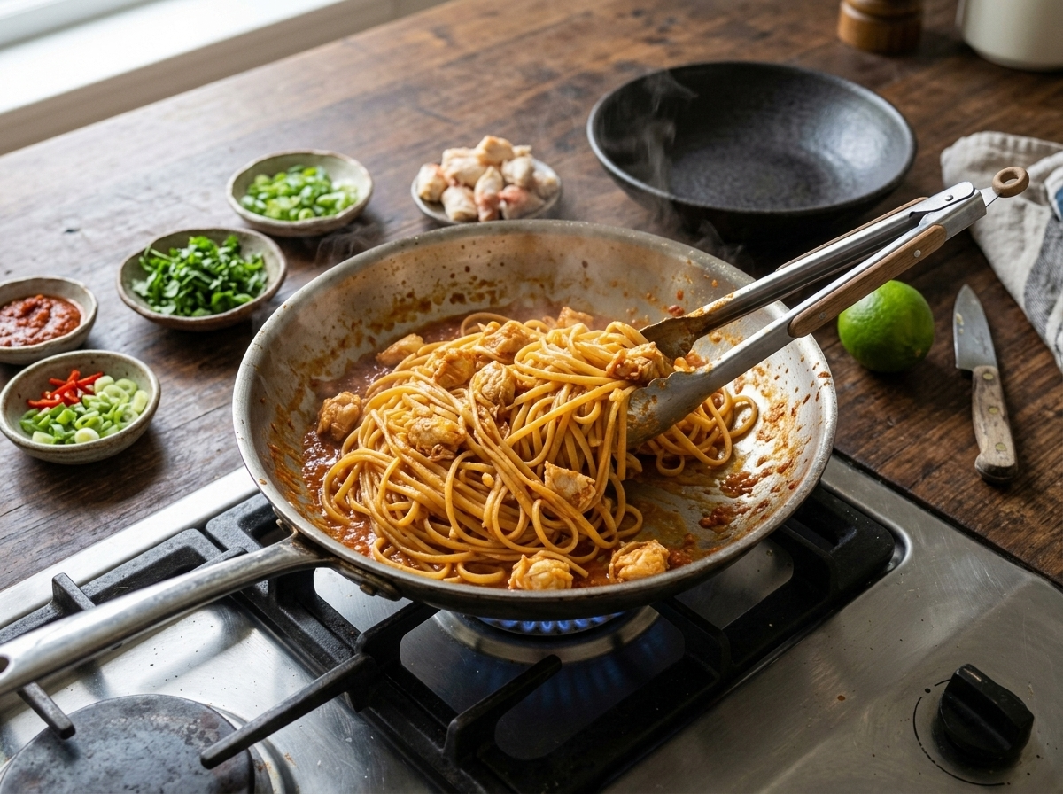 Linguine being tossed with orange sambal tomato sauce and crab meat in a stainless skillet over high heat