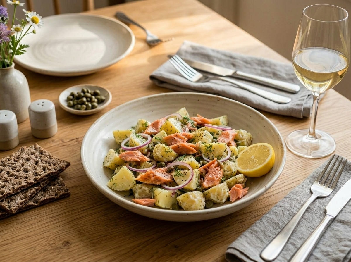 Plated smoked trout dill potato salad on a white dish alongside rye crispbreads and a glass of white wine.