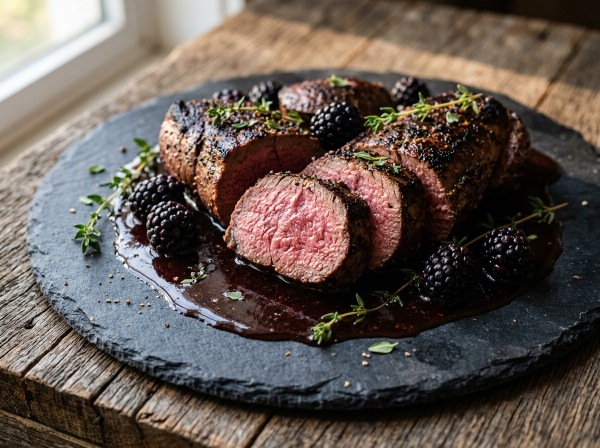 Sliced pan seared venison loin with glossy blackberry jus on a dark slate plate, garnished with fresh thyme