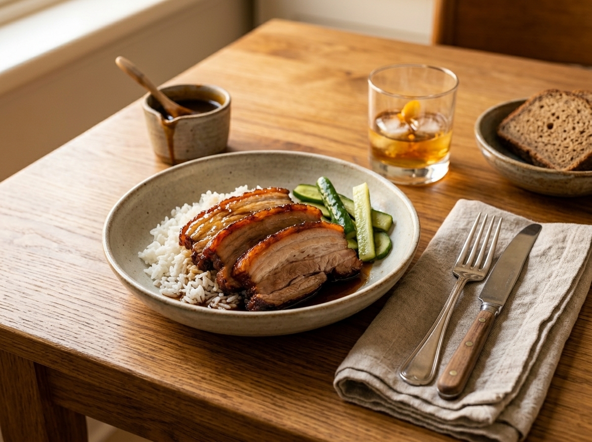 Maple bourbon glazed pork belly slices served over jasmine rice with pickled cucumbers and extra glaze on a wooden table.