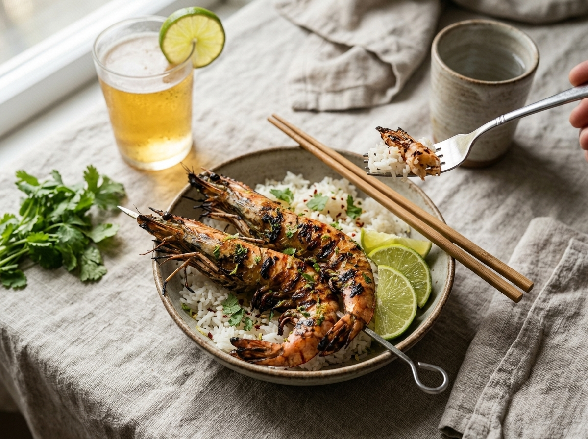 Coconut lime grilled prawns served over jasmine rice in a bowl with lime wedges and a glass of lager