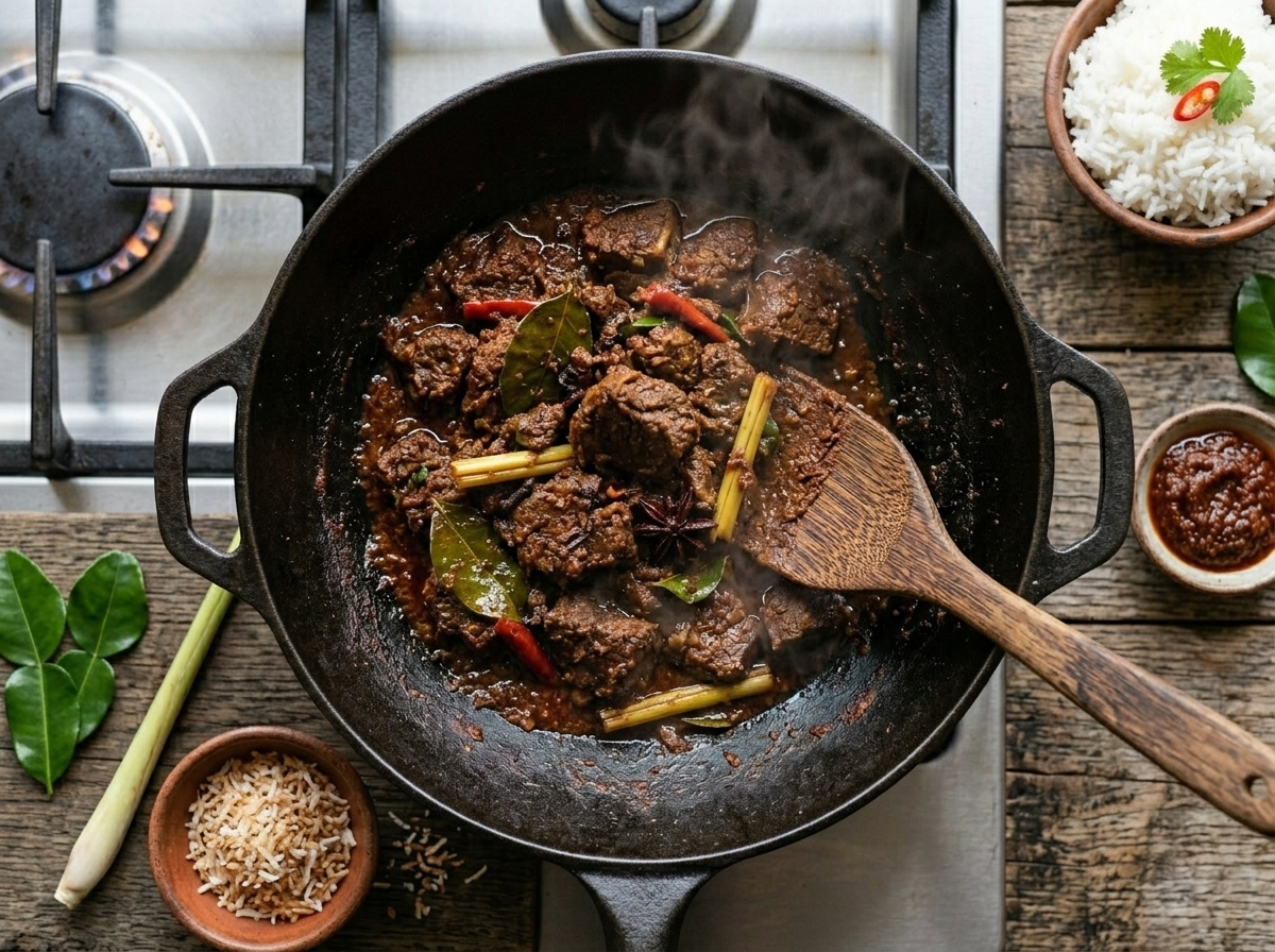 Beef rendang chunks simmering in thick reddish-brown spice paste in a cast iron wok, being stirred with a wooden spatula